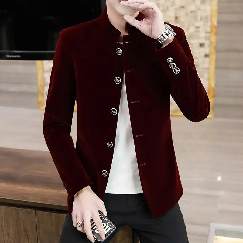 HOO 2025 New Men's Autumn Stand Collar blazer Youth Velveteen Multi-Button blazers - Ellianto fashion Men's