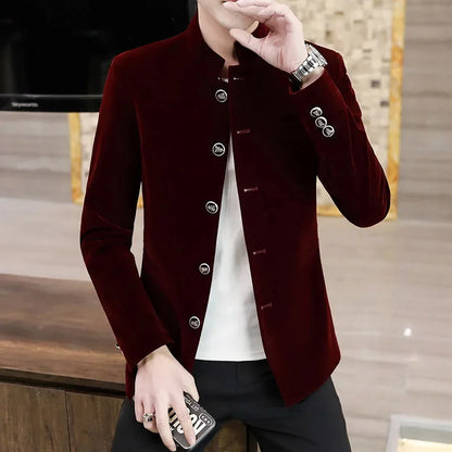 HOO 2025 New Men's Autumn Stand Collar blazer Youth Velveteen Multi-Button blazers - Ellianto fashion Men's
