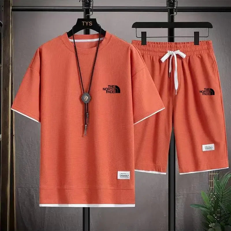 Set 2025 Summer Men's fashion breathable short-sleeved T-shirt + jogging Shorts two-piece fitness training suit Casual set - Ellianto fashion Men's