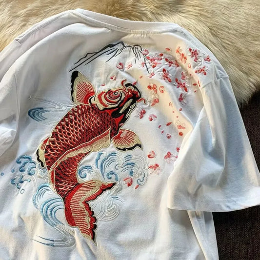 2025 Embroidered Koi Fish Cotton T-Shirt – Lightweight, Loose-Fit Summer Comfort and Effortless Casual Style for the Modern Gentleman