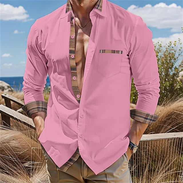 Men's Button Up Shirt, Black and White Solid Color, Long Sleeved Striped Cuffs, Lapel Collar, Daily Vacation Pocket, Fashionable - Ellianto fashion Men's