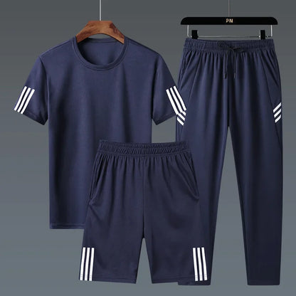 Summer Casual Sports Men's Short Sleeve T-Shirt plus Size Three-Piece Set New Style Long Pants Comfortable Breathable Clothing - Ellianto fashion Men's