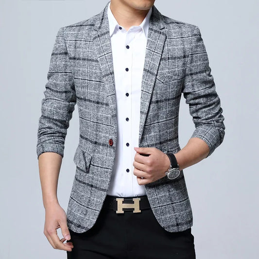 Slim Fit Plaid Men's Casual Suit Jacket Korean Style Spring Fashion Business Leisure Large Size Male Outerwear Coat - Ellianto fashion Men's