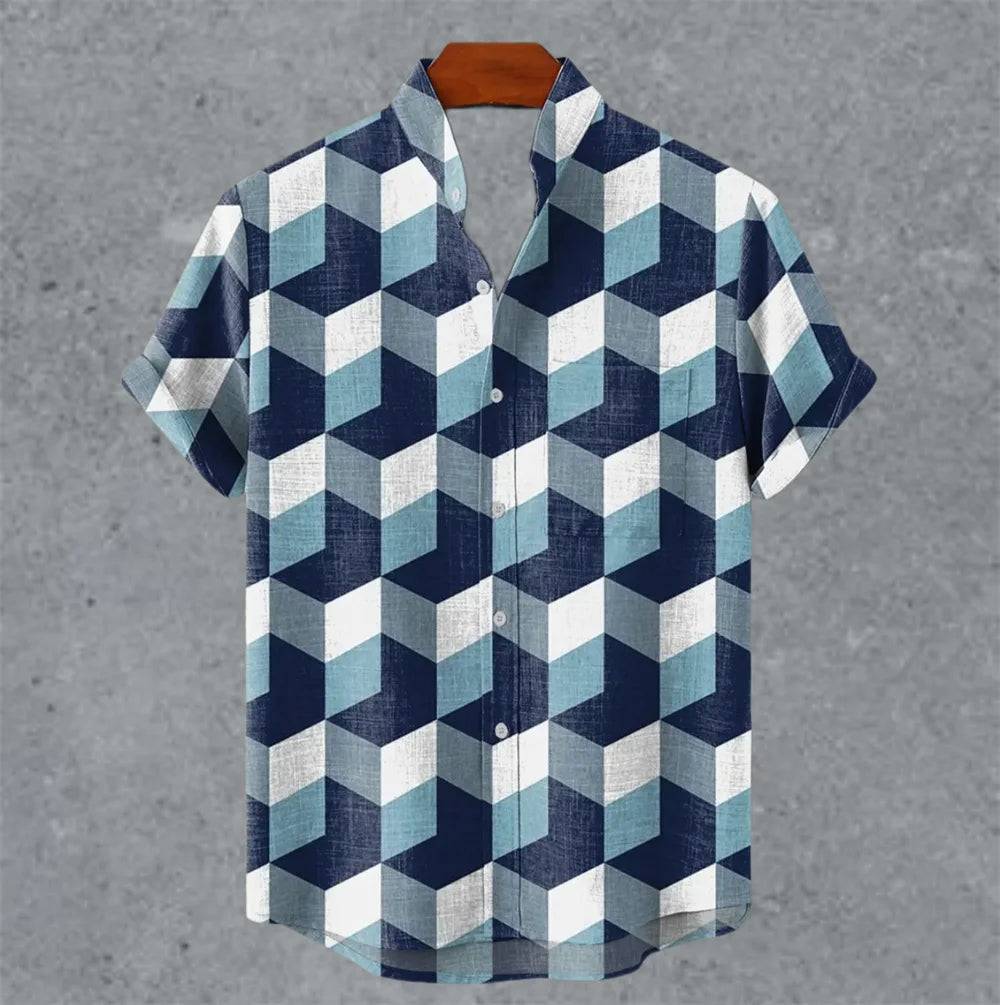 Art retro vintage men's shirt with mottled marks, standing collar printed short sleeved shirt, casual and comfortable top S-5XL - Ellianto fashion Men's