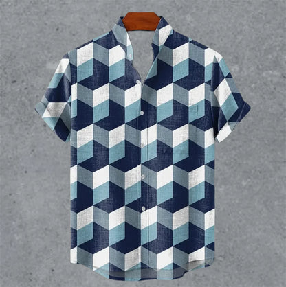 Art retro vintage men's shirt with mottled marks, standing collar printed short sleeved shirt, casual and comfortable top S-5XL - Ellianto fashion Men's