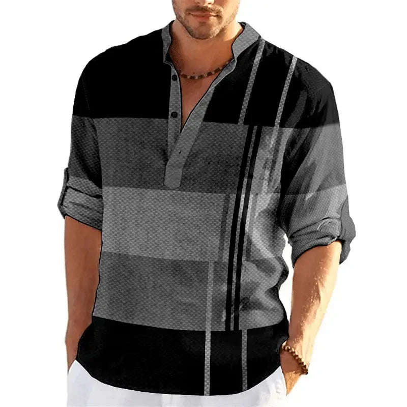 Men's Striped Color Block 3D Print Henley Shirts Fashion Streetwear Stand Collar Long Sleeve Shirt Male Tops Blouse Man Clothing - Ellianto fashion Men's