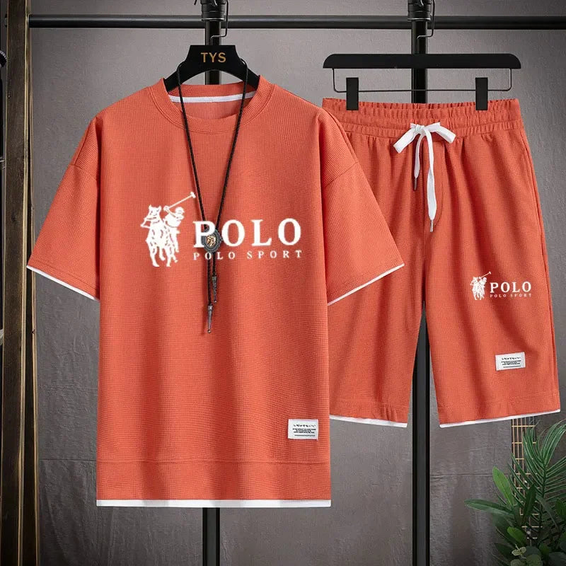 Set In the summer of 2025, a two-piece set of Korean-style men's short-sleeved T-shirt and sports shorts paired with casual sportswe - Ellianto fashion Men's