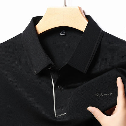 New Men's Business Casual Long Sleeved Shirt with Badge Solid Color Polo Shirt Fashionable Breathable Comfortable Versatile Top - Ellianto fashion Men's