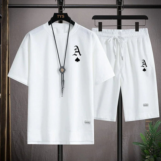Set A stylish and casual men's sportswear set of short-sleeved T-shirt and summer sportswear shorts, a two-piece set for daily casua - Ellianto fashion Men's
