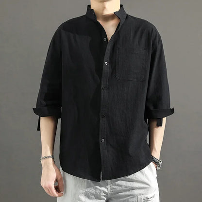 2023 Summer Cotton-Linen 3/4 Sleeve Shirt – Lightweight Comfort and Relaxed Japanese-Inspired Style for the Modern Gentleman