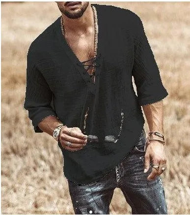 Cross border foreign trade men's V-neck lace up top casual summer solid color seven quarter sleeved men's shirt - Ellianto fashion Men's
