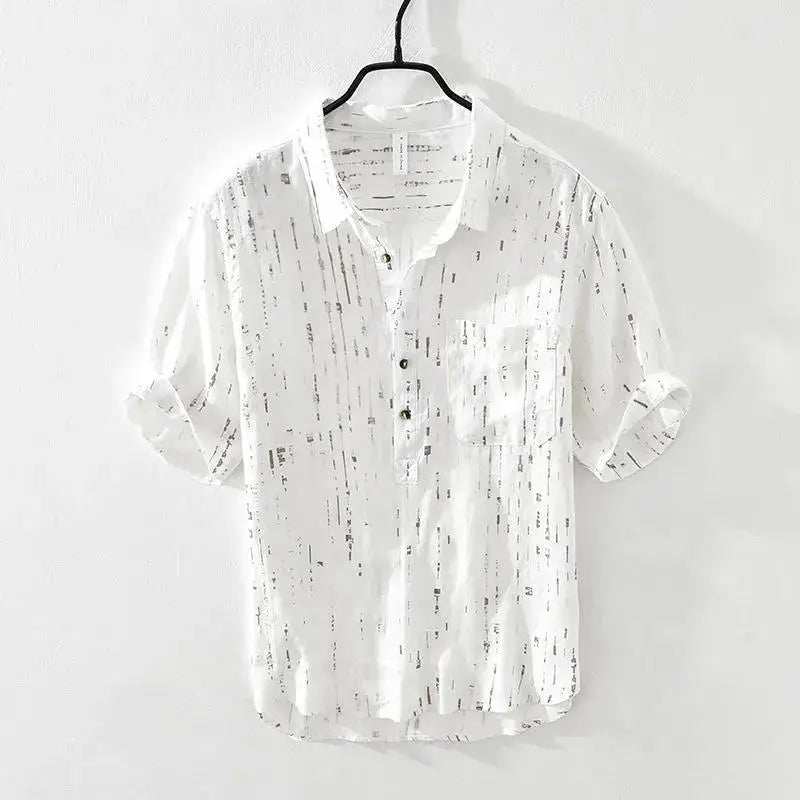 Striped Shirt Men's Short-sleeved Simple and Versatile Summer Casual Pullover Linen Trendy Half-sleeved Thin - Ellianto fashion Men's