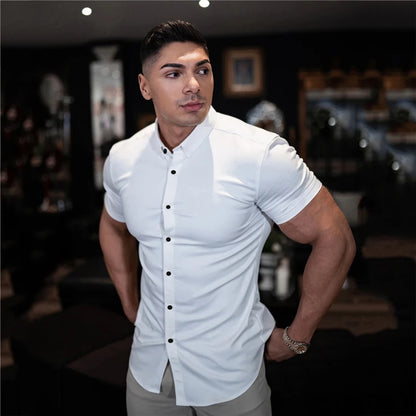Summer Fashion Super Slim Fit Short Sleeve Shirts Men Classic Casual Dress Shirt Male Hipster Relaxed Luxe Formal Shirt - Ellianto fashion Men's