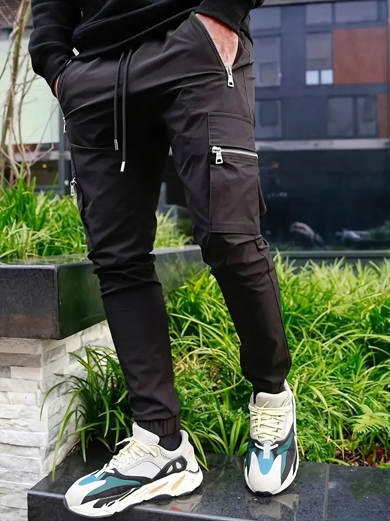 Men's Everyday Casual Zipper Pocket Pants Slim-Fit Pencil Pants Street Functional Small Foot Pants - Ellianto fashion Men's