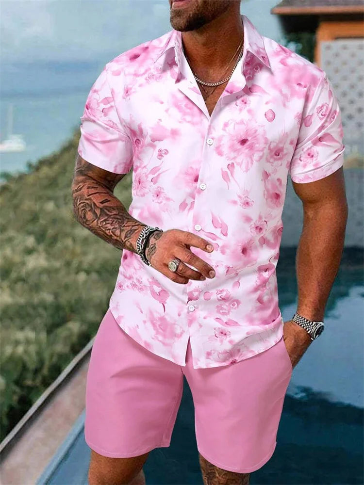 Hawaii Shirt Set Mens Yellow Duck Print Fashion Pattern Summer Fashion Casual Daily Large Button Down Shirt Shorts Two Piece Set - Ellianto fashion Men's