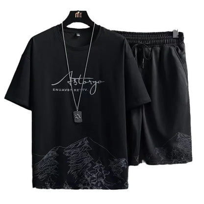 Men's Ice Silk Short Sleeve T-Shirt Suit Summer New Digital Printing Fashionable Korean Style Slims Smooths Your Silhouette Spor - Ellianto fashion Men's