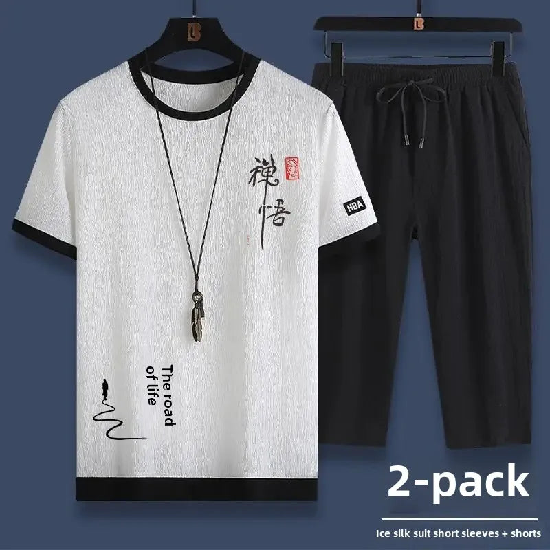 Ice Silk Summer Casual Sports Suit Men's Short Sleeve T-Shirt Shorts Set Fashionable Two-Piece Set for Men Comfortable Breathabl - Ellianto fashion Men's