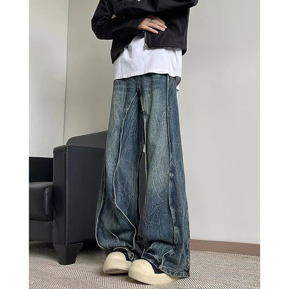 American high street men and women trendy silhouette splicing straight leg jeans couple spring loose retro casual pants - Ellianto fashion Men's