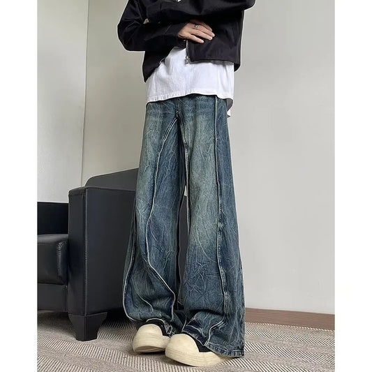 American high street men and women trendy silhouette splicing straight leg jeans couple spring loose retro casual pants