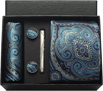 100% Silk Necktie Paisley Floral Mens Tie Top Quality Business Tie Pocket Square Tie Clip Cufflinks Set Classic For Men Gift Box - Ellianto fashion Men's