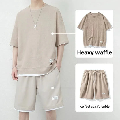 Casual Men's Sportswear Set Summer Short Sleeve Drawstring Shorts Loose Five-Quarter Pants Thin Male Outfit Two-Piece Suit - Ellianto fashion Men's