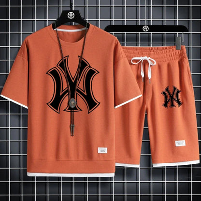 Set New summer men's fashion clothing: short-sleeved men's sportswear, Korean-style sportswear, waffle checkered two-pie - Ellianto fashion Men's
