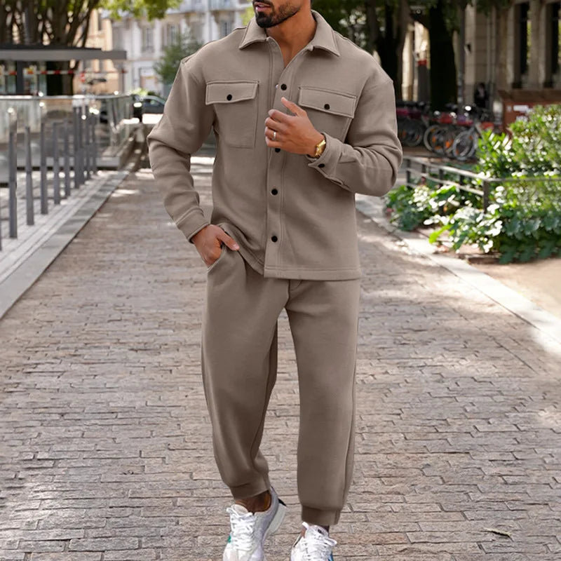 Men's casual overalls jacket and pants suit for fall/winter outdoor vacation American style men's fashion suede 2 piece set - Ellianto fashion Men's
