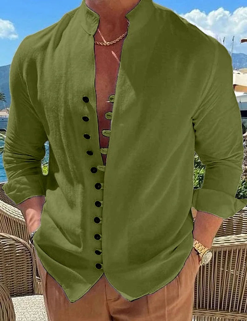 100% pure cotton linen hot selling fashion men's long sleeved shirt solid color stand up collar casual style men's S-3XXL - Ellianto fashion Men's