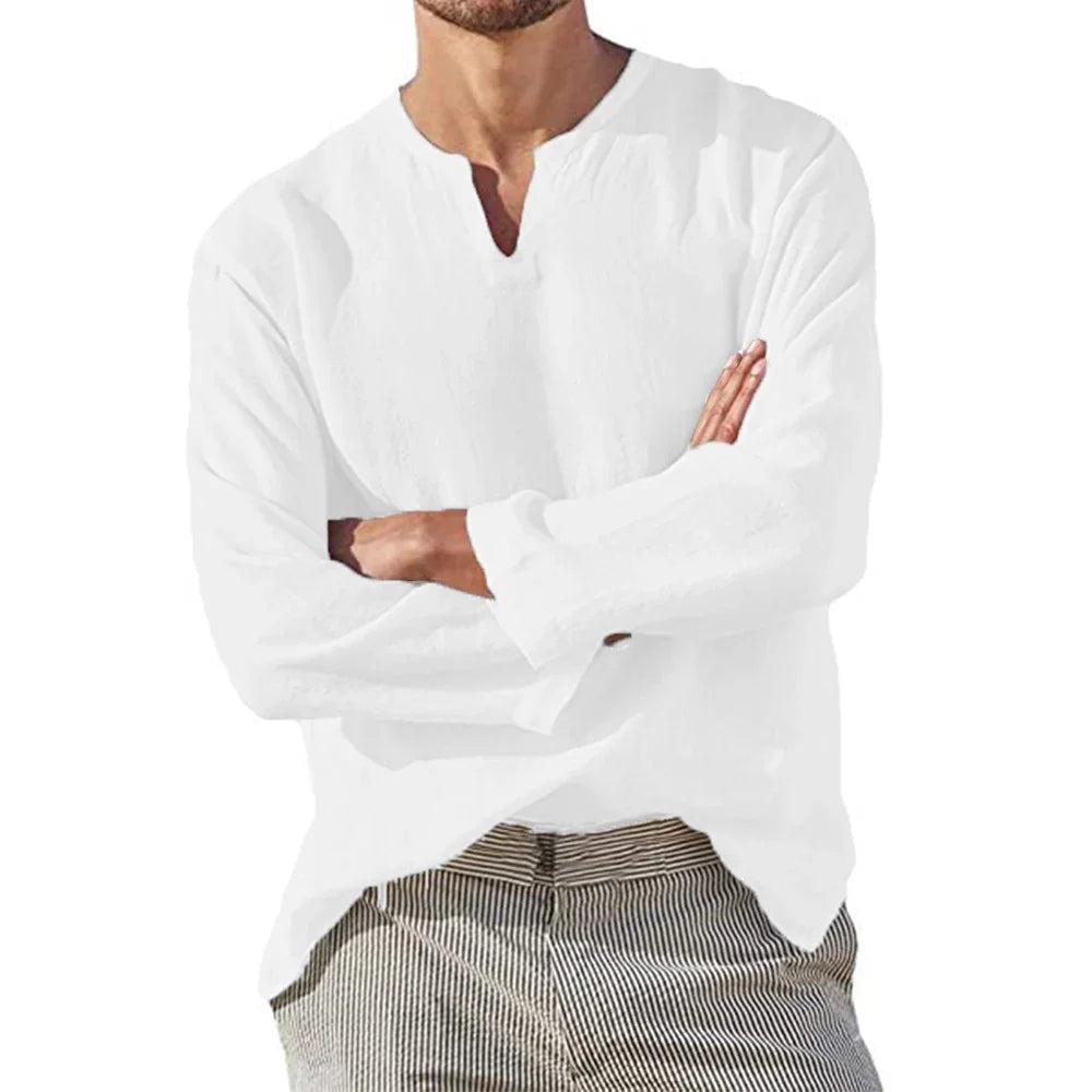 Men's Cotton Linen Shirt Cozy Solid Color Long Sleeve Breathable Tops V Neck Casual Blouse Hawaiian Shirt Lightweight Shirts - Ellianto fashion Men's