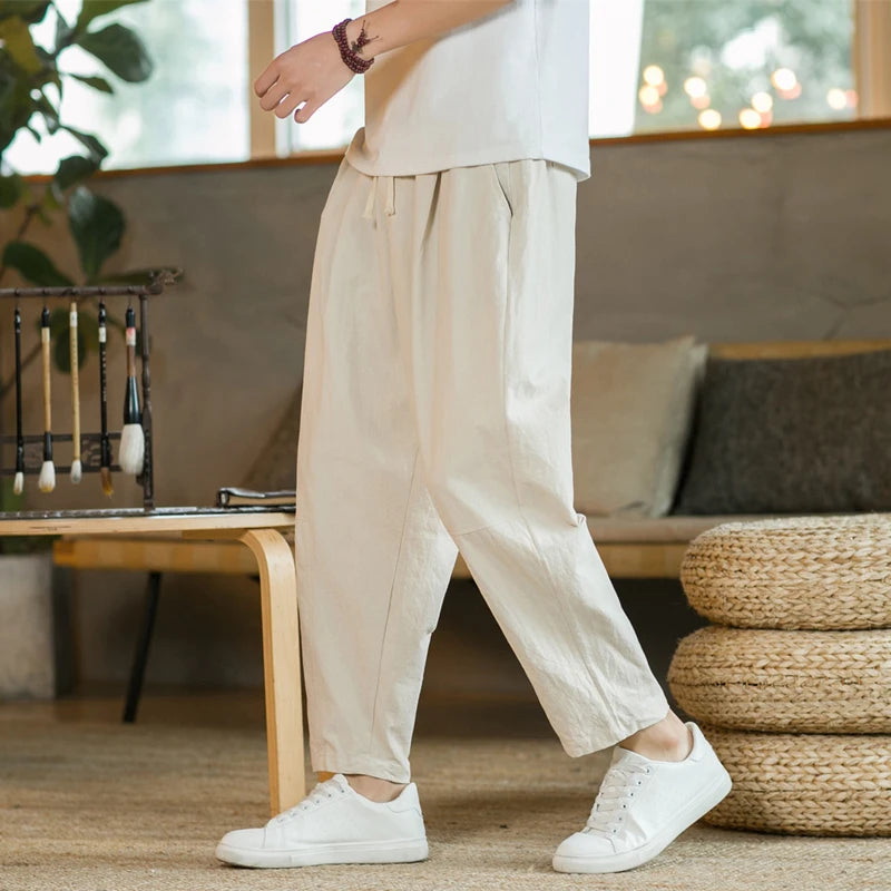 Men's Trousers Cotton Linen Fashion Casual Pants Solid Color Breathable Loose Shorts Straight Drawstring Pants Streetwear Men - Ellianto fashion Men's