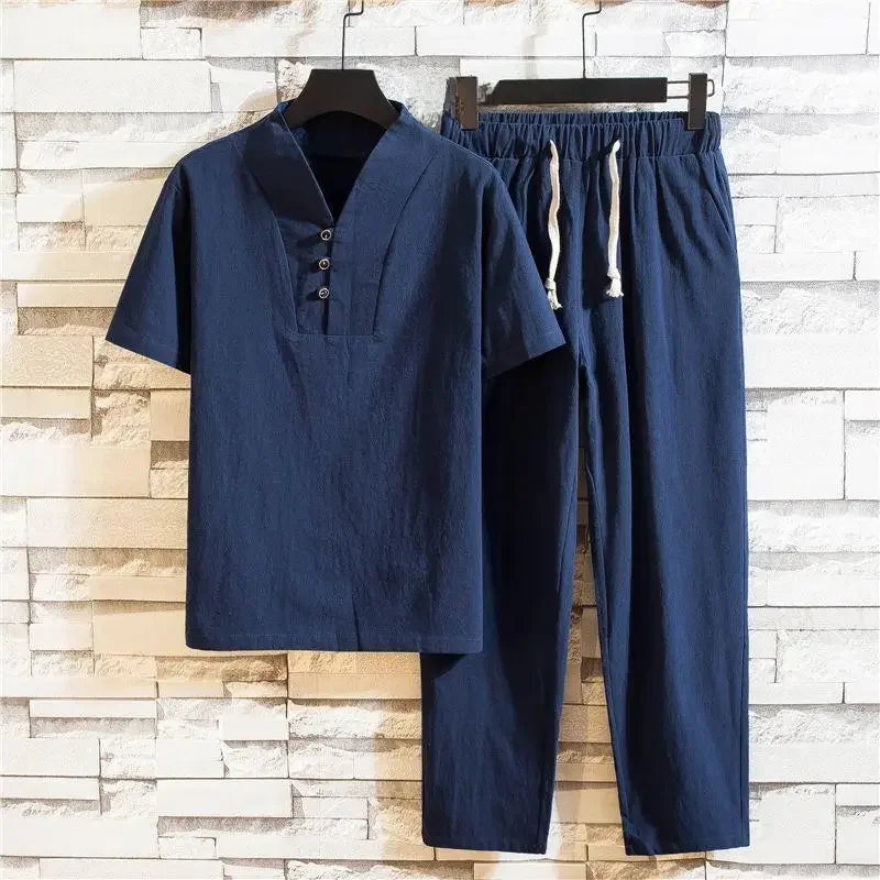 Linen Suit Men's Summer Short Sleeve Hanfu Ancient Buddhist System Zhenshi V-neck T-shirt Cotton Linen 2-piece Set - Ellianto fashion Men's