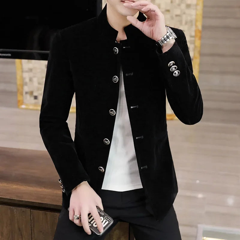 HOO 2025 New Men's Autumn Stand Collar blazer Youth Velveteen Multi-Button blazers - Ellianto fashion Men's