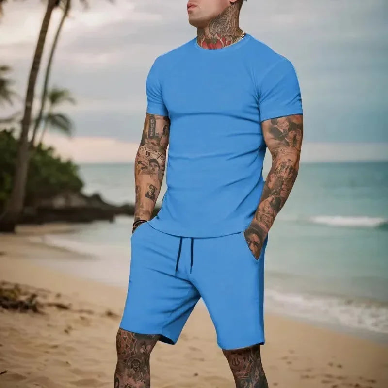 2025 summer new men's breathable sportswear short sleeved t-shirt and shorts set popular quick drying clothing - Ellianto fashion Men's