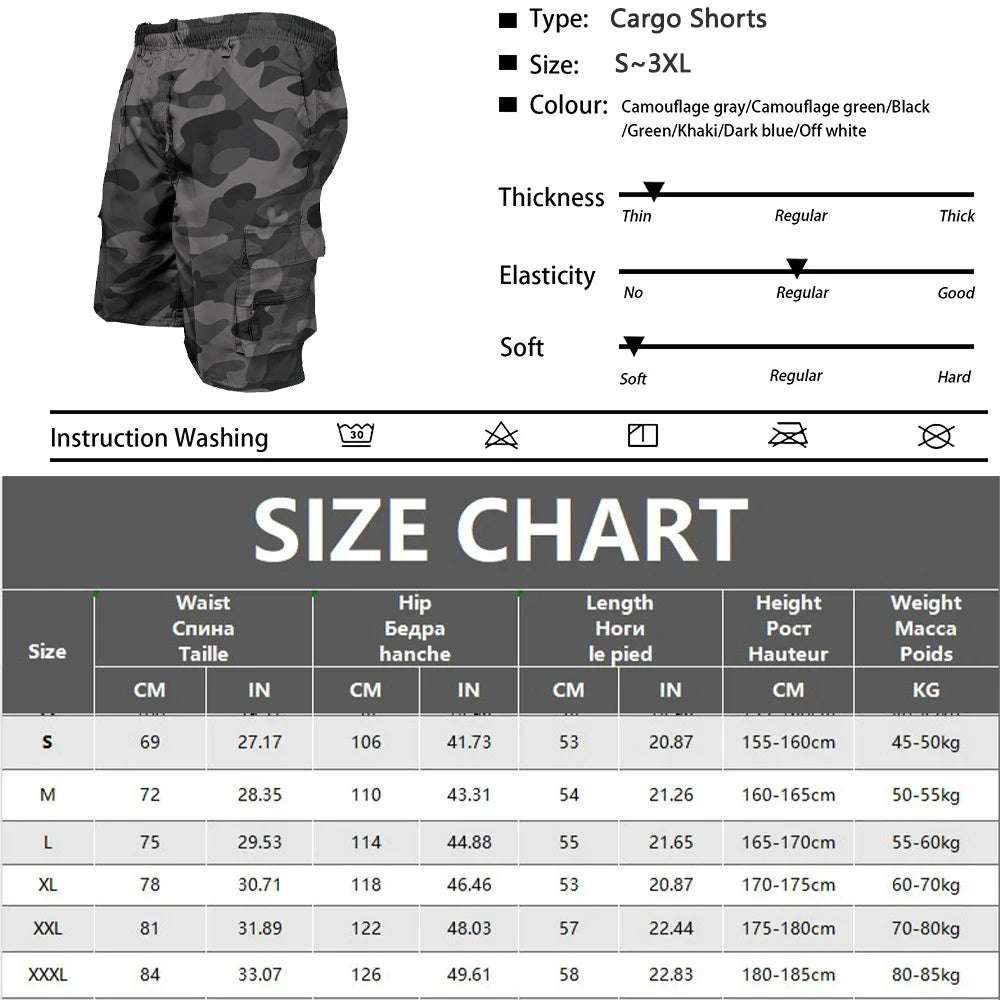 Men's Tactical Shorts Summer Casual Cargo Shorts Knee-length Multi-pockets Elastic Waist Work Hiking Overalls Short Pants Male - Ellianto fashion Men's