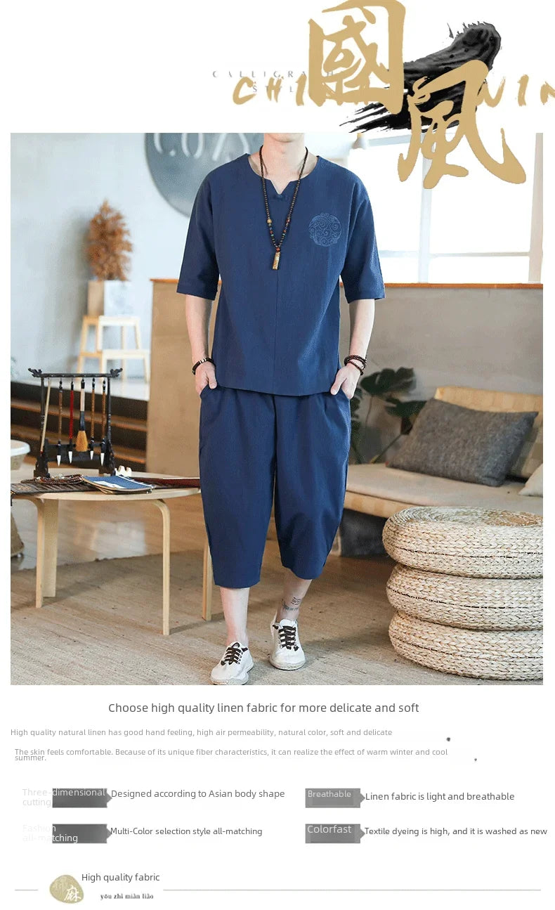 Men's Loose-fit Casual Pants Set Chinese Style Cotton Linen Short Sleeve Shirt Seven-point Shorts Two-piece Suit - Ellianto fashion Men's