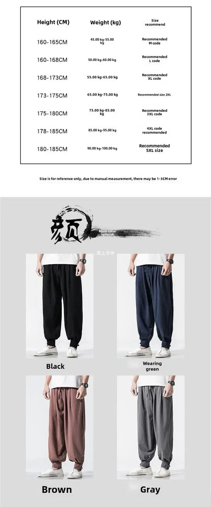 Loose-fit Cotton Linen Men's Women's Monk Pants No Tying Required Casual Spring Summer Long Pants For Zen Meditation - Ellianto fashion Men's