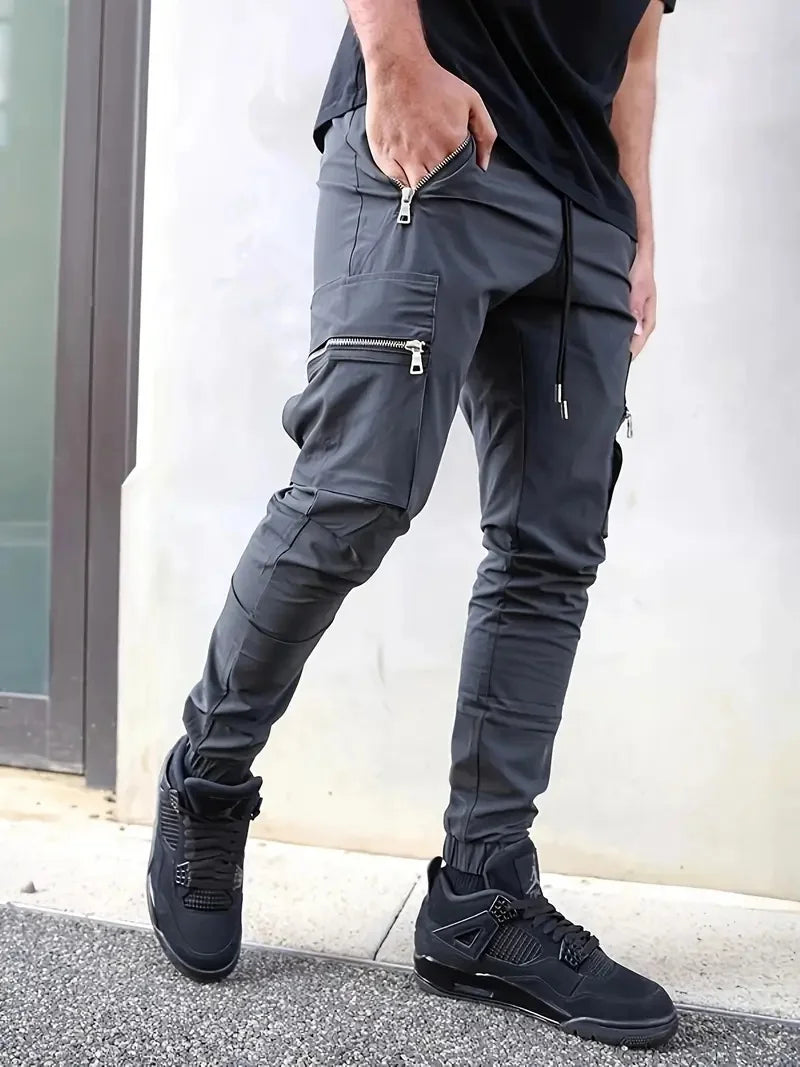 Men's Everyday Casual Zipper Pocket Pants Slim-Fit Pencil Pants Street Functional Small Foot Pants - Ellianto fashion Men's