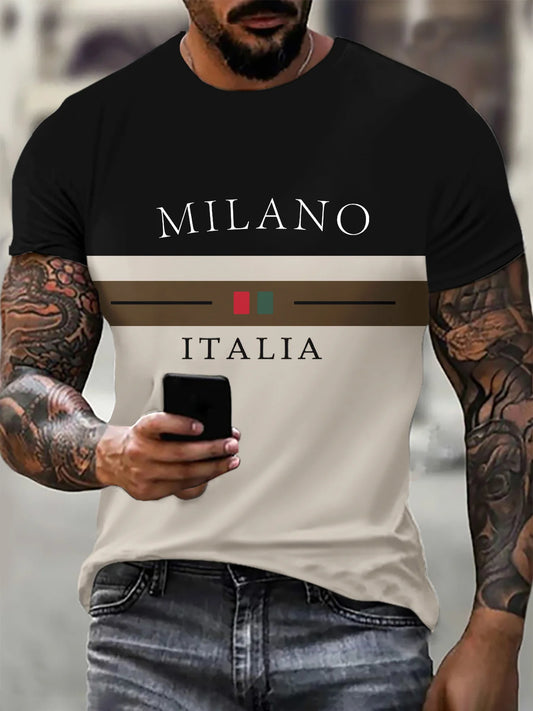 Milano Italia Print Men'S T-Shirt,Polyester Casual Crew Neck Tee,Regular Fit,Short Sleeve,Slight Stretch Fabric - Ellianto fashion Men's