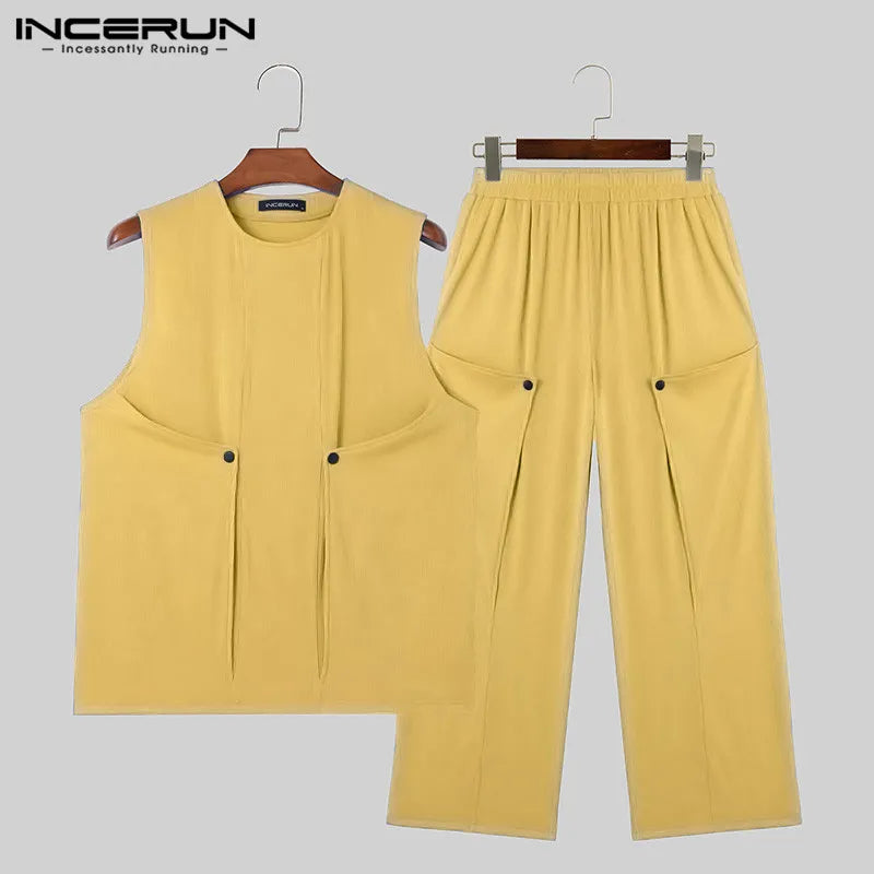 INCERUN Men Sets Solid Color Streetwear O-neck Sleeveless Tank Tops & Pants 2PCS Summer Loose Fashion Men's Casual Suits S-2XL - Ellianto fashion Men's