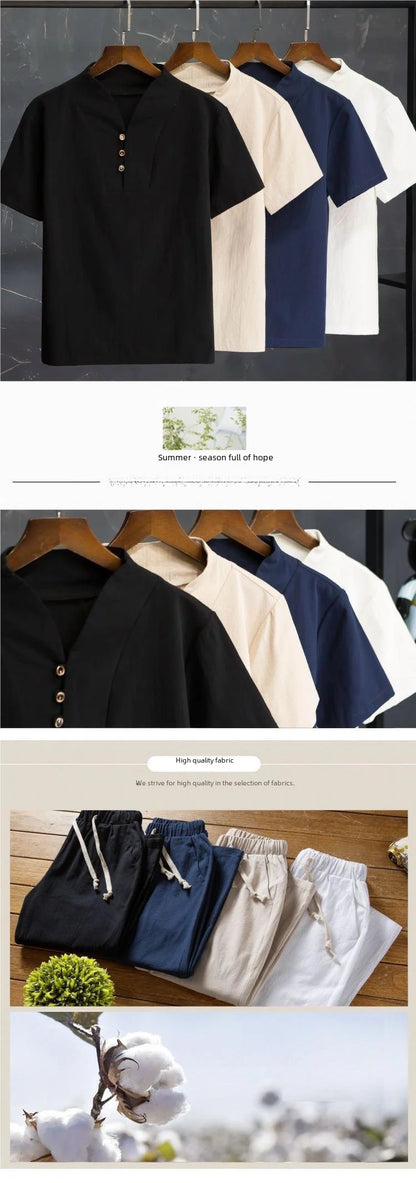 Linen Suit Men's Summer Short Sleeve Hanfu Ancient Buddhist System Zhenshi V-neck T-shirt Cotton Linen 2-piece Set - Ellianto fashion Men's