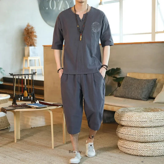 Men's Loose-fit Casual Pants Set Chinese Style Cotton Linen Short Sleeve Shirt Seven-point Shorts Two-piece Suit - Ellianto fashion Men's