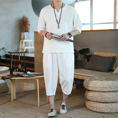 Men's Loose-fit Casual Pants Set Chinese Style Cotton Linen Short Sleeve Shirt Seven-point Shorts Two-piece Suit - Ellianto fashion Men's