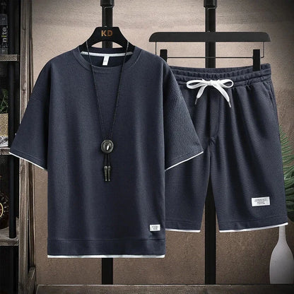 Casual Men's Sportswear Set Summer Short Sleeve Drawstring Shorts Loose Five-Quarter Pants Thin Male Outfit Two-Piece Suit - Ellianto fashion Men's