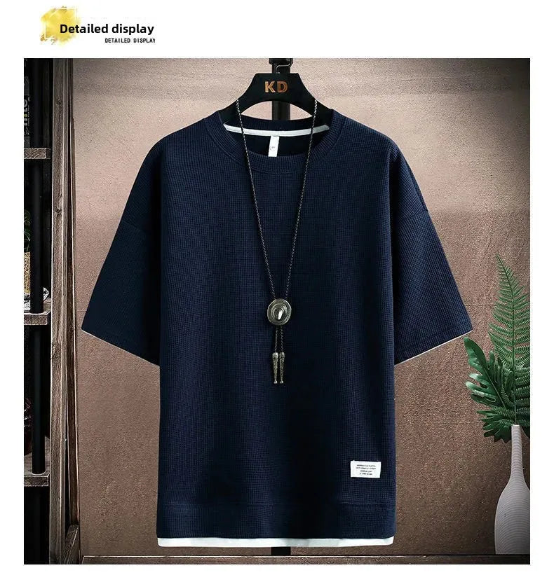 Casual Men's Sportswear Set Summer Short Sleeve Drawstring Shorts Loose Five-Quarter Pants Thin Male Outfit Two-Piece Suit - Ellianto fashion Men's