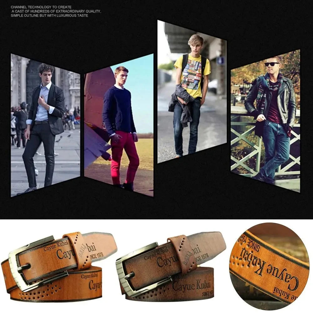 Men's Leather Belt Letter Print Luxury Classic Buckle Business Cowboy Vintage Waistband Alloy Belts - Ellianto fashion Men's