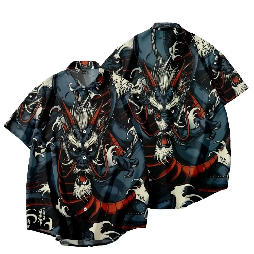 New Year Dragon Hawaiian Casual Men's Short Sleeve Shirt Y2k Vintage Top Breathable Camisas Casuais Blouse Man Clothing Society - Ellianto fashion Men's