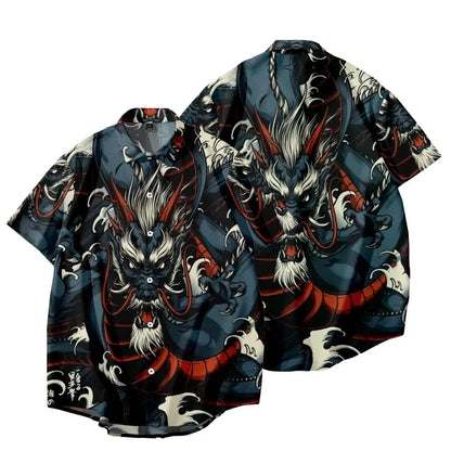 New Year Dragon Hawaiian Casual Men's Short Sleeve Shirt Y2k Vintage Top Breathable Camisas Casuais Blouse Man Clothing Society - Ellianto fashion Men's