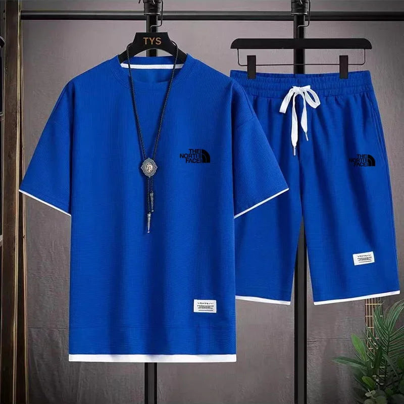 Set 2025 Summer Men's fashion breathable short-sleeved T-shirt + jogging Shorts two-piece fitness training suit Casual set - Ellianto fashion Men's