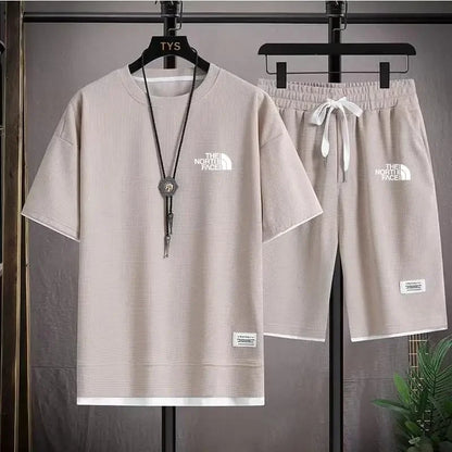 Set 2025 Summer Men's fashion breathable short-sleeved T-shirt + jogging Shorts two-piece fitness training suit Casual set - Ellianto fashion Men's