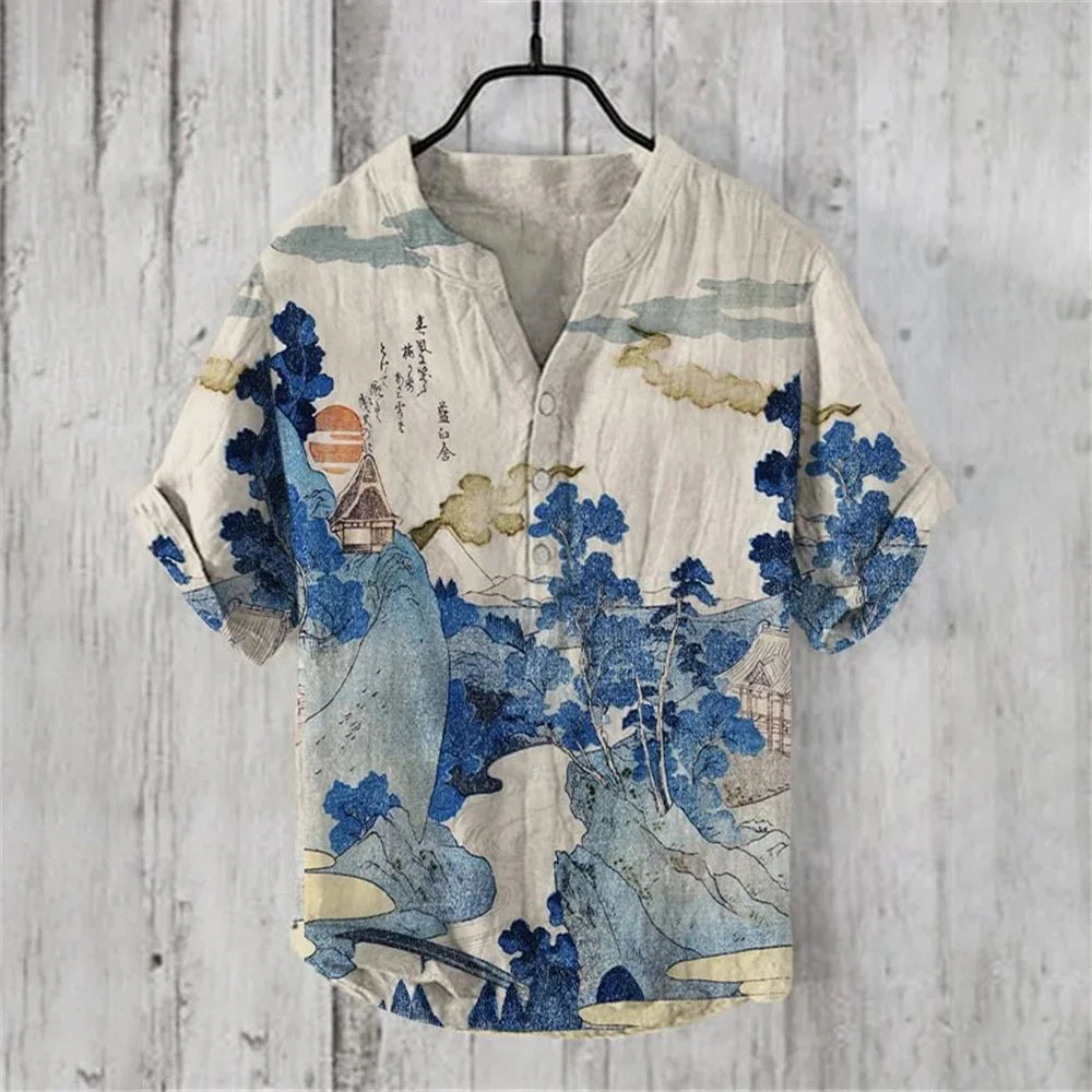 New short-sleeved V-neck shirt short-sleeved 3D printed linen shirt retro fish linen shirt comfortable men's breathable shirt - Ellianto fashion Men's